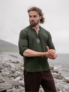 Handmade Embroidered Vegvisir Viking Tunic Roll-Up Sleeve Cotton Shirt NWT XXXL